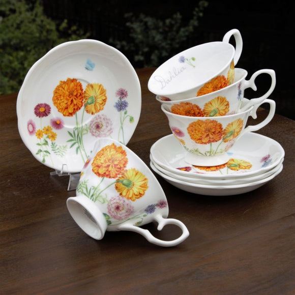 Fall Dahlia Teacups and Saucers - set of four - NEW!