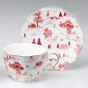 "Winter" Red Toile Teacups - set of 4